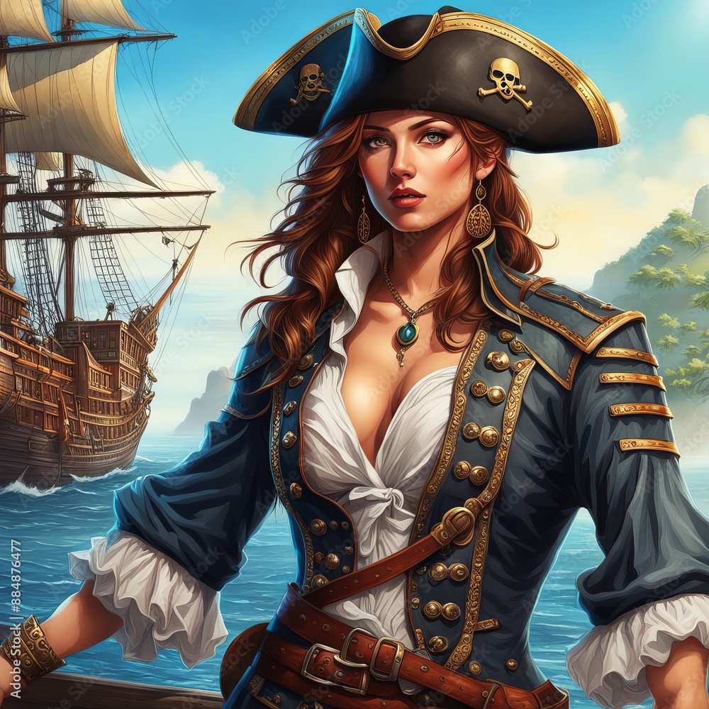 Portrait of a female pirate sailor standing on the deck of her ship armed and ready for battle