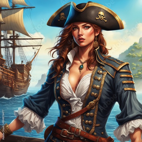 Obraz na płótnie Portrait of a female pirate sailor standing on the deck of her ship armed and ready for battle w salonie