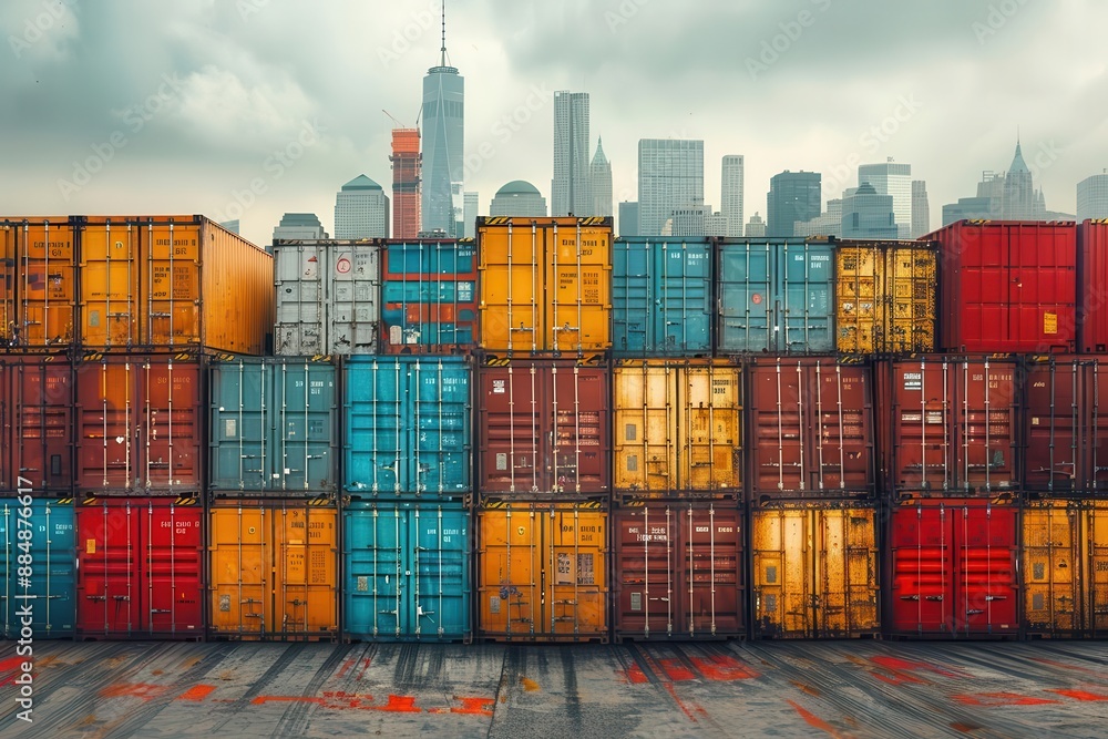Fototapeta premium Colorful shipping containers stacked at a port with a city skyline in the background under a cloudy sky, symbolizing trade and logistics.
