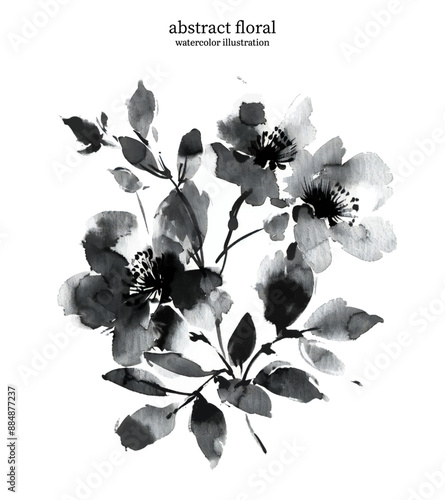 Black and White Abstract Floral 05. Watercolor illustration of vector flowers and leaves. Delicate botanical imagery with soft edges and flowing lines creates sense of simplicity and elegance.
