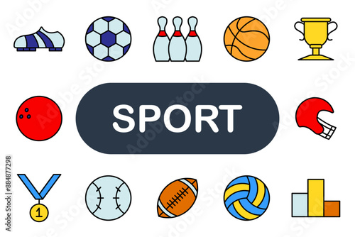 Sport set icon. Soccer cleats, football, bowling pins, basketball, trophy, helmet, medal, baseball, volleyball, scoreboard, chart.