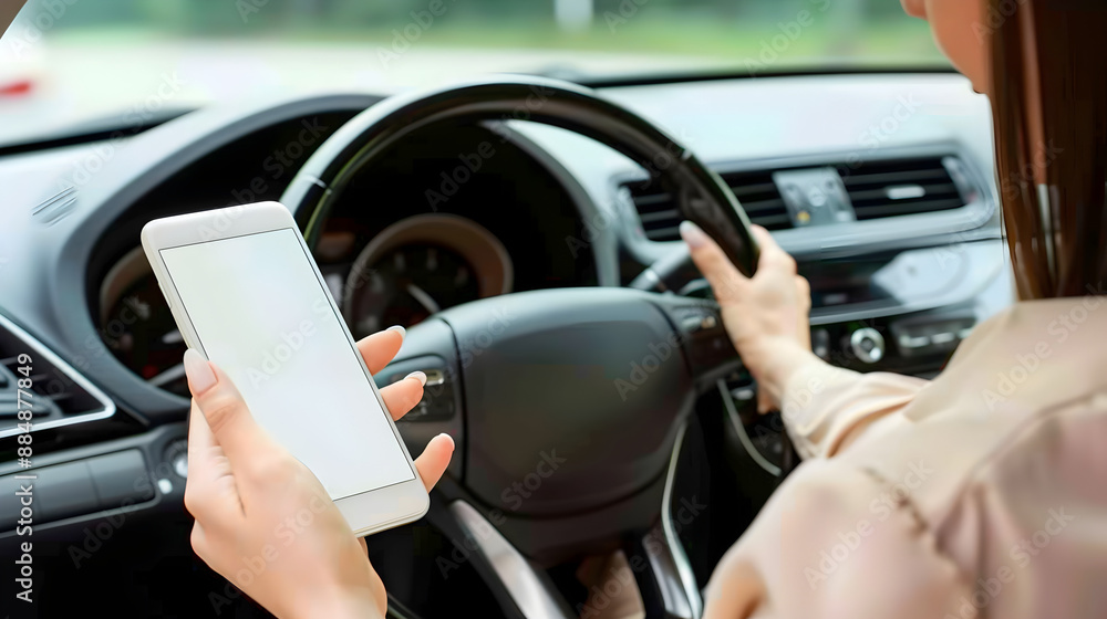 No cellphone use while driving. A young woman sits in her own car, holding a cellphone with a blank white screen for an ad, while steering the wheel No cellphone use while driving. A young woman sits in her own car, holding a cellphone with a blank white screen for an ad, while steering the wheel