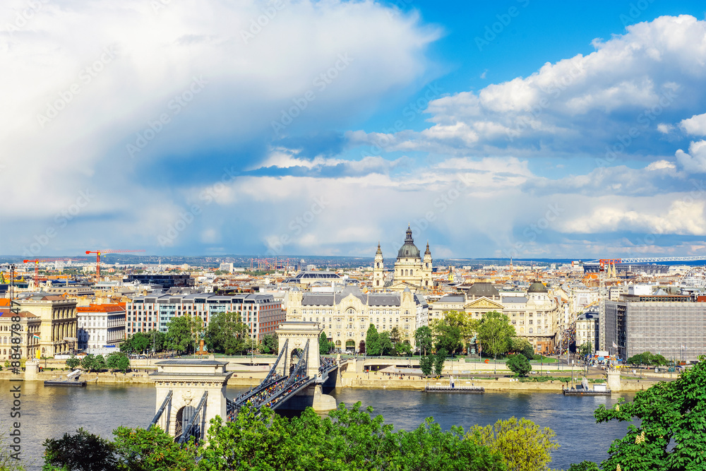 Fototapeta premium View of Budapest and Szechenyi Chain Bridge over the Danube river, Hungary