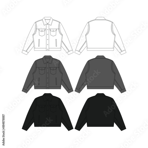 Black Classic Denim Jacket Mockup Template Streetwear Classic Denim Jacket Vector Flat Technical Illustration Classic Denim Jacket Fashion Design Template Vector CAD Classic Denim Jacket Mock-up