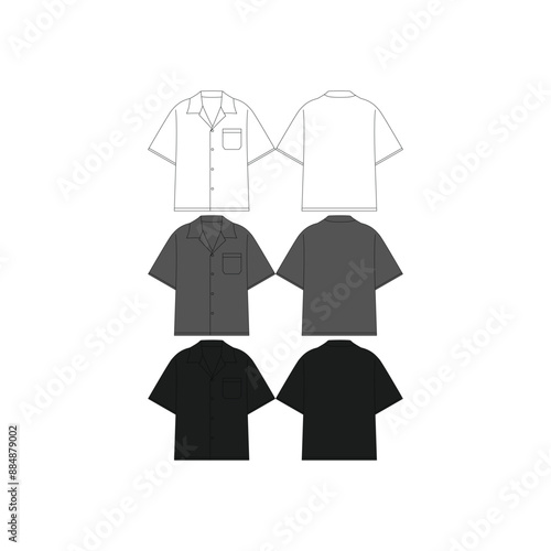 Blank Short Sleeve Button Up Shirt Technical Drawing Vector Fashion Illustration Short Sleeve Button Up Shirt Flat Vector Mockup Template Short Sleeve Button Up Shirt Apparel Mock-up Template Vector