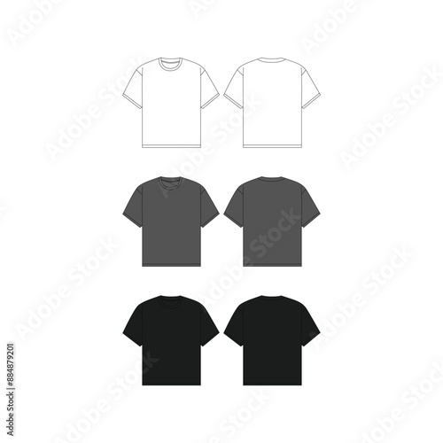 Oversized Tee Shirt Technical Fashion Illustration Vector Tee Shirt Mockup Template Front and Back Oversized T-Shirt Flat Sketch Technical Drawing Vector Illustration Unisex Blank Oversized Tee Shirt