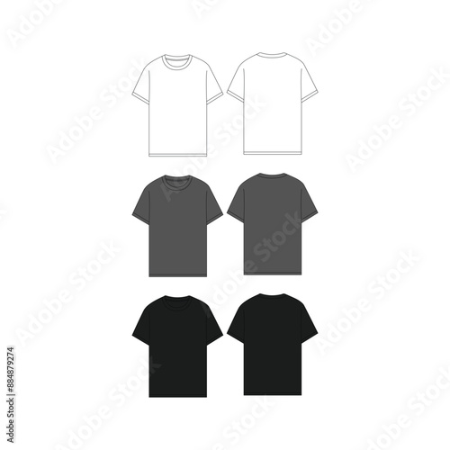 T-Shirt Flat Sketch Technical Drawing Vector Illustration Unisex Blank T-Shirt CAD Mock-up T-Shirt Technical Fashion Illustration Vector T-Shirt Mockup Template Front and Back