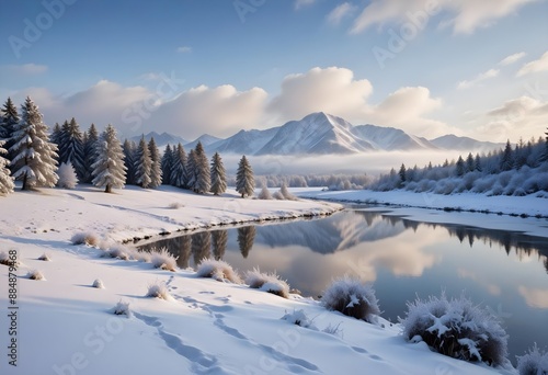 a snowy mountain range with a lake surrounded by snow covered mountains in the foreground and a cloudy sky in the background, with a few clouds in the foreground.