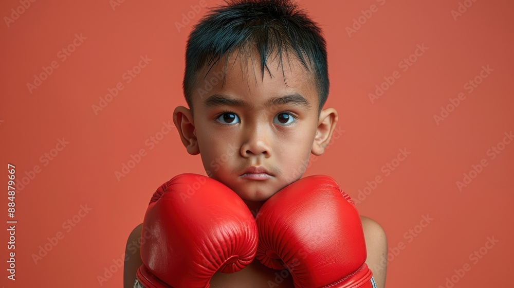 Young boy wearing red boxing gloves. Young boy wearing red boxing gloves.