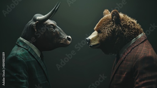 Bull face-to-face with bear in business suit, surreal stock market price trend concept photo