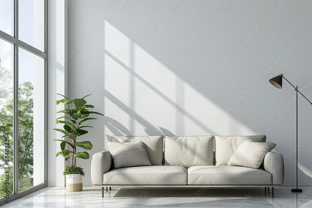 A modern living room interior with a sofa created with Generative AI