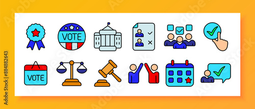 Election icon set. Vote badge, government building, candidate list, voters, checkbox, ballot, scales of justice, gavel, political parties, voting calendar. photo