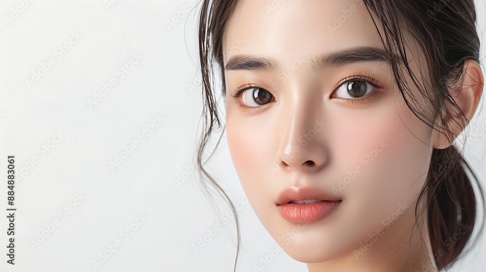 Fototapeta premium Young Asian Woman Headshot Showcasing Natural Beauty and Perfect Skin