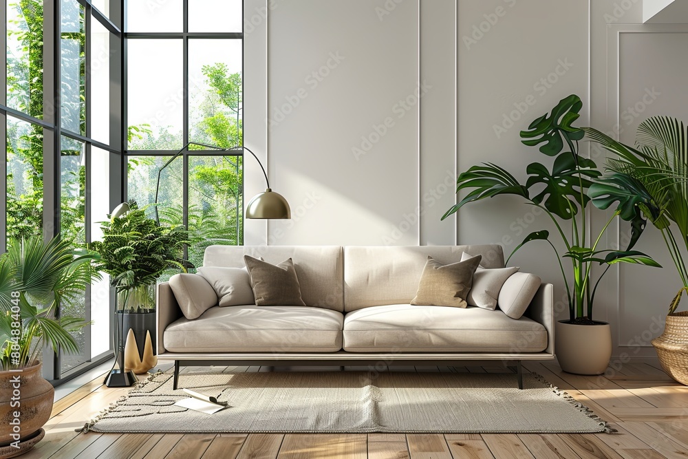 Fototapeta premium A modern living room interior with a sofa created with Generative AI