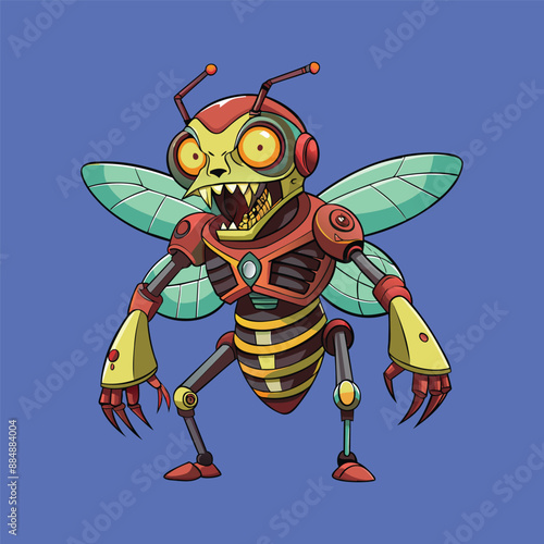 cartoon illustration of mecha robotic bee, zombie bee, flat vector illustration
