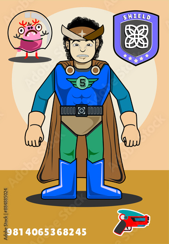 Super Hero Card with multiple aksesories  colorful uniform weapon, partner mosnter, shield, mask, and diferent cahracter face and head type.