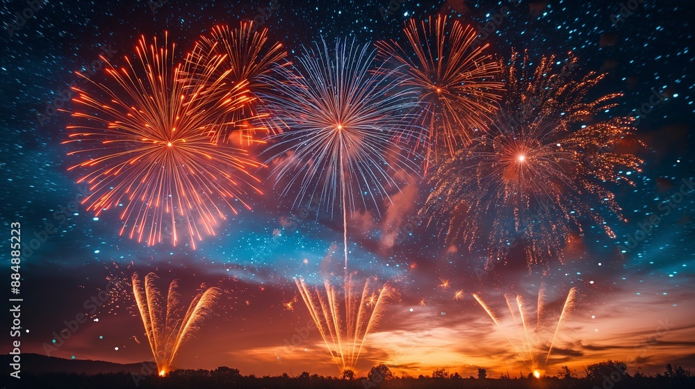 Vivid fireworks explode in a starlit sky, casting a radiant glow over a silhouetted landscape. Vivid fireworks explode in a starlit sky, casting a radiant glow over a silhouetted landscape.