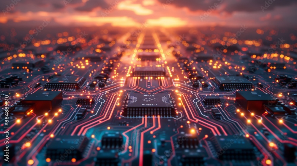 Fototapeta premium Digital circuit board in neon light. PCB background. Computer board. 