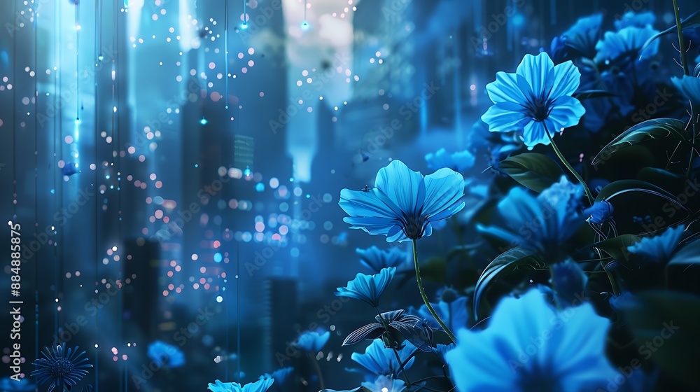 Fototapeta premium Blue Flowers in a Digital City