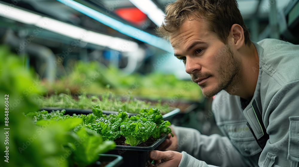 An agricultural technician is observing the growth of vegetables in a greenhouse An agricultural technician is observing the growth of vegetables in a greenhouse