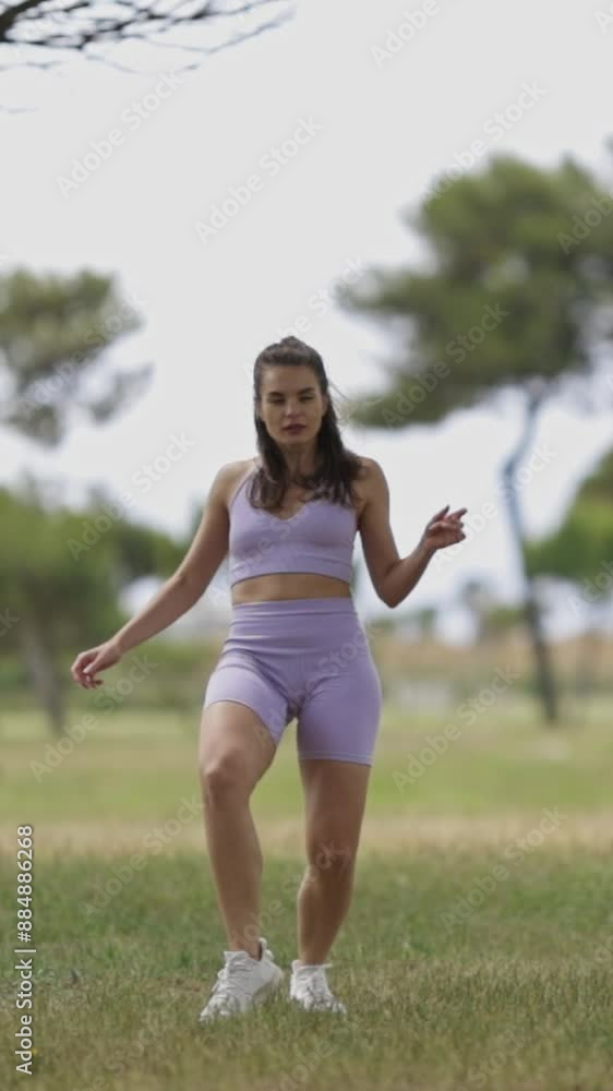 A woman in a purple top and shorts is dancing outdoor A woman in a purple top and shorts is dancing outdoor