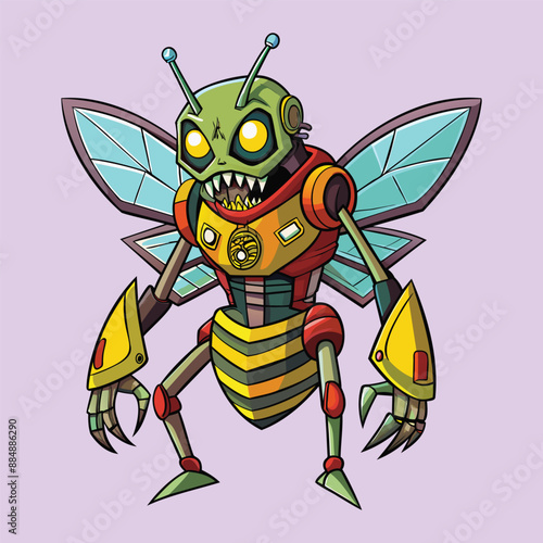 cartoon illustration of mecha robotic bee, zombie bee, flat vector illustration