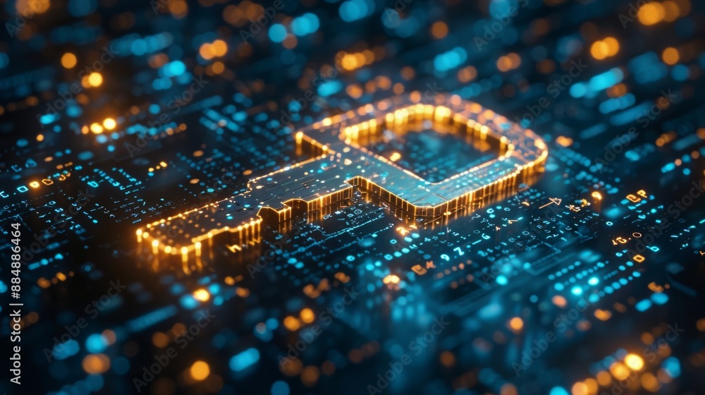Fototapeta premium A close-up of an encrypted digital key on a computer circuit board, representing cybersecurity and data protection in a high-tech environment. AI Generative.