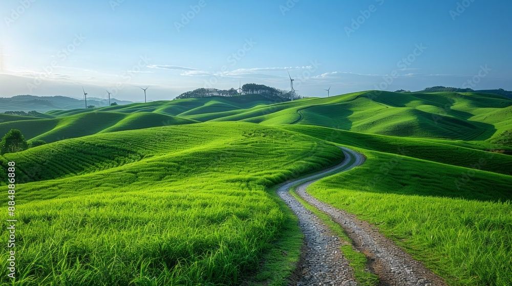 Rolling green hills with a winding path and wind turbines, highlighting sustainable energy and eco-friendly landscapes, AI Generative. Rolling green hills with a winding path and wind turbines, highlighting sustainable energy and eco-friendly landscapes, AI Generative.