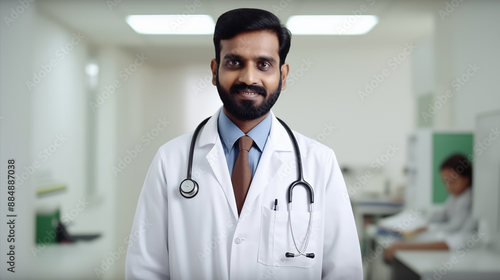 Cheerful Indian Doctor in Modern Clinic Setting with Stethoscope and Ample Copy Space Cheerful Indian Doctor in Modern Clinic Setting with Stethoscope and Ample Copy Space