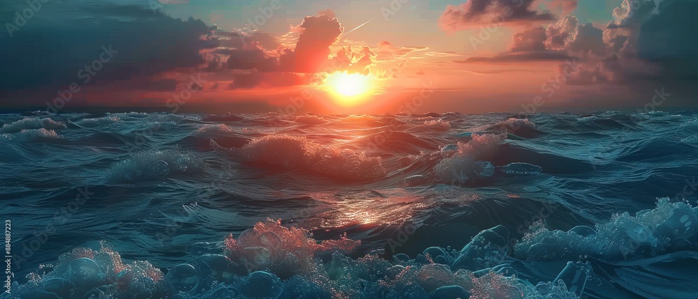 Fototapeta premium Garbage in the sea at sunset. Concept of environmental pollution