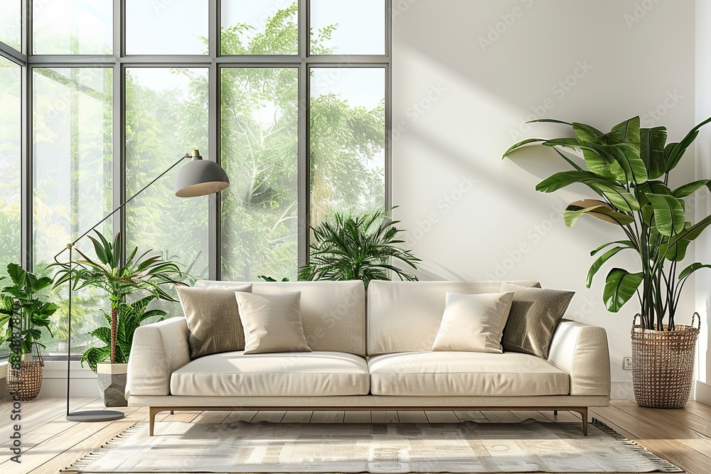A modern living room interior with a sofa created with Generative AI A modern living room interior with a sofa created with Generative AI