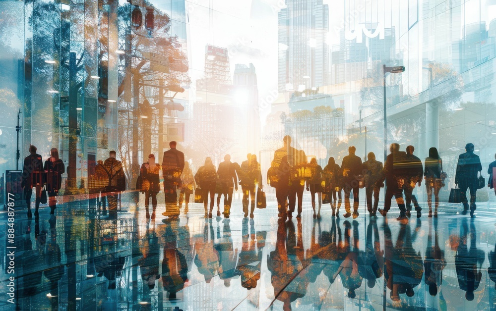 A group of people walking down a city street. The image is a reflection of the people in the water A group of people walking down a city street. The image is a reflection of the people in the water