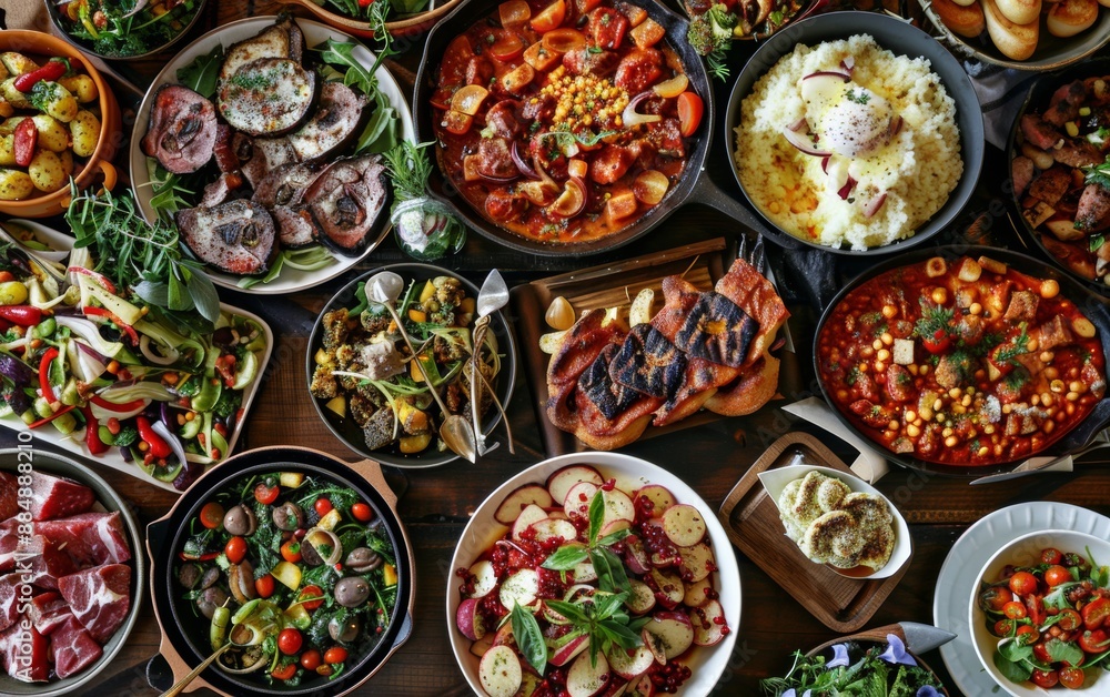 Young Couple Enjoying a Lavish Cheat Meal Spread at Home, Featuring Diverse High-Calorie Dishes During a Cozy Evening Young Couple Enjoying a Lavish Cheat Meal Spread at Home, Featuring Diverse High-Calorie Dishes During a Cozy Evening