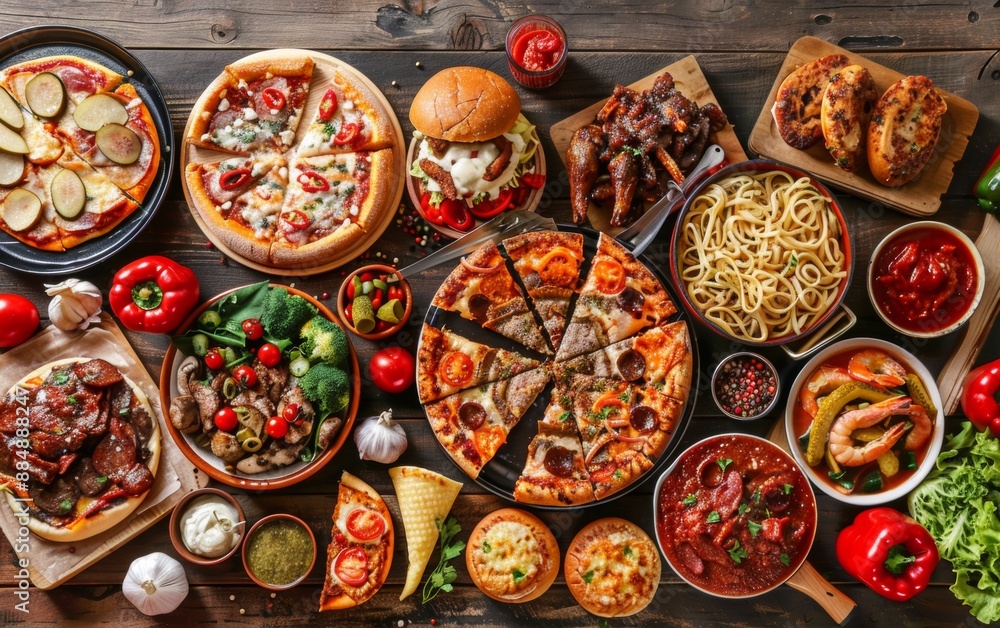 Indulgent Cheat Meal Feast Diverse Group of Friends Enjoying a Variety of High-Calorie Dishes at a Wooden Table, Evening Mood Indulgent Cheat Meal Feast Diverse Group of Friends Enjoying a Variety of High-Calorie Dishes at a Wooden Table, Evening Mood