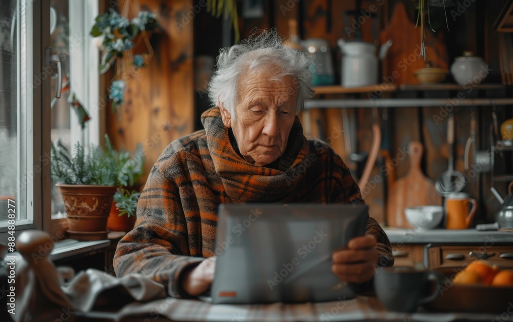 An elderly man is sitting at a table with a laptop in front of him. He is wearing a scarf and he is focused on the screen. The scene suggests a sense of solitude and contemplation An elderly man is sitting at a table with a laptop in front of him. He is wearing a scarf and he is focused on the screen. The scene suggests a sense of solitude and contemplation