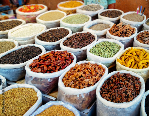 Wholes Spices Stall at Mapusa Spice Market, Goa, India