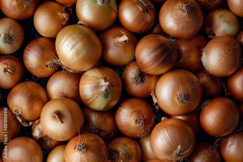 Fresh organic onions in a pile. Close-up photo for culinary and food stock images. Natural rustic style with a touch of farm freshness. Ideal for recipes, blogs, and promotions. Generative AI