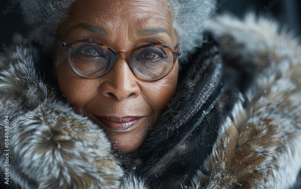 A woman with glasses and a fur coat. She is smiling A woman with glasses and a fur coat. She is smiling