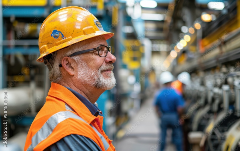 A man in a yellow hard hat and orange vest stands in a factory. He is smiling and he is happy A man in a yellow hard hat and orange vest stands in a factory. He is smiling and he is happy