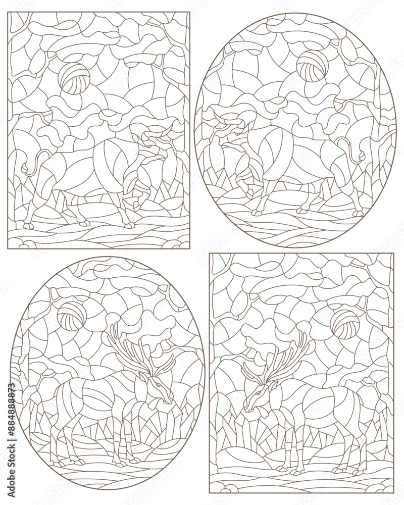 Set of contour illustrations of stained glass Windows with wild bull and moose on a background of forest landscape, dark contours on a white background Set of contour illustrations of stained glass Windows with wild bull and moose on a background of forest landscape, dark contours on a white background
