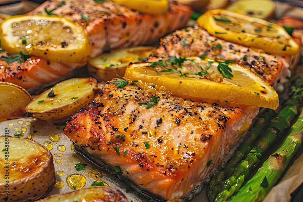 Scrumptious baked salmon with lemon slices and fresh herbs Scrumptious baked salmon with lemon slices and fresh herbs