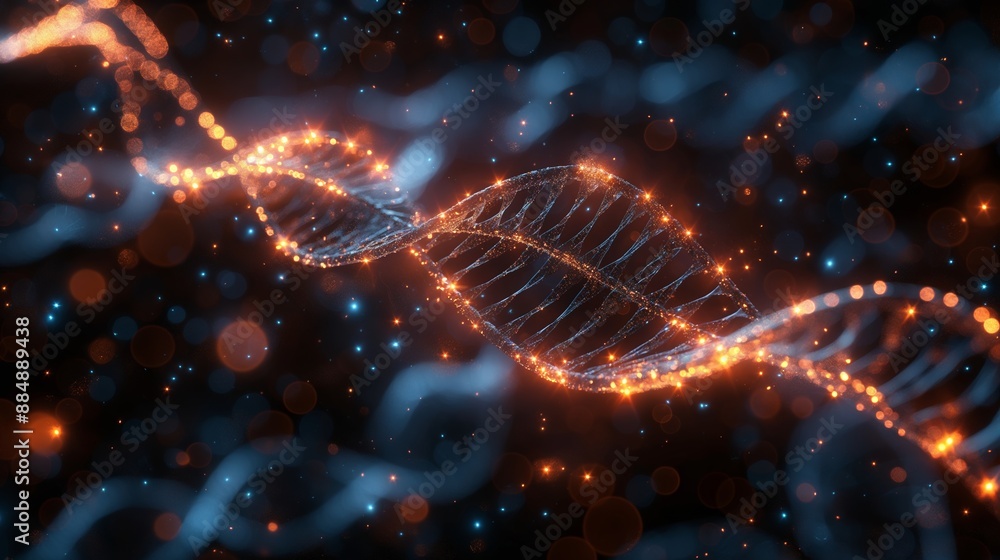 A glittering double helix of DNA spirals amidst a cosmos of fiery particles, symbolizing the dynamic essence of life. A glittering double helix of DNA spirals amidst a cosmos of fiery particles, symbolizing the dynamic essence of life.