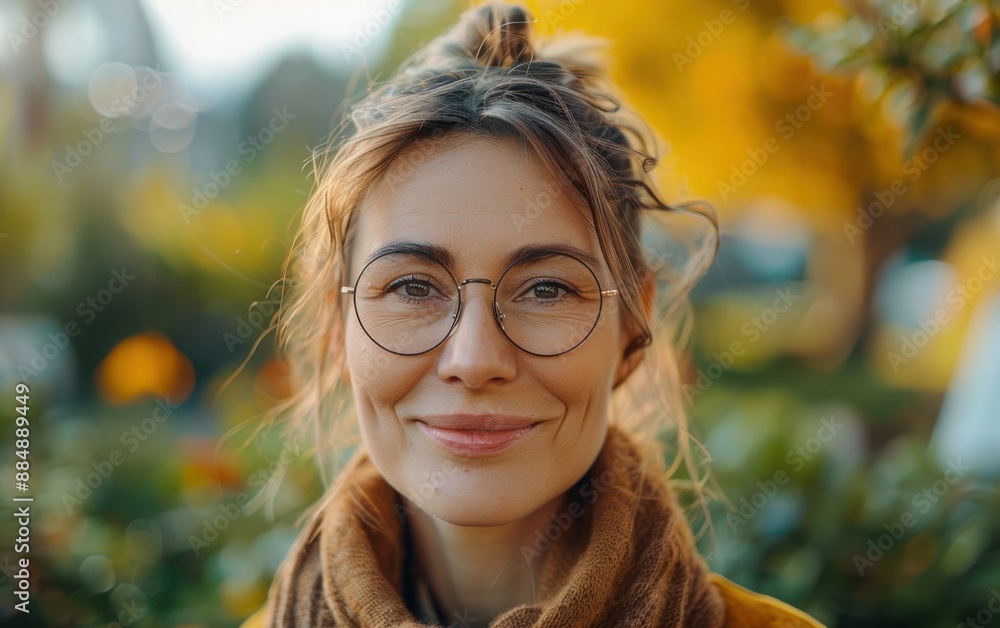 A woman with glasses and a scarf is smiling. She looks happy and content. Concept of warmth and friendliness A woman with glasses and a scarf is smiling. She looks happy and content. Concept of warmth and friendliness