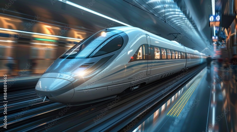 Fototapeta premium Futuristic train moving on elevated tracks in an urban area.