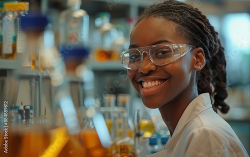 A woman wearing a lab coat and safety goggles is smiling at the camera. She is surrounded by various bottles and beakers, indicating that she is working in a laboratory