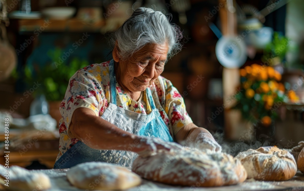 An older woman is making bread in a kitchen. She is wearing a blue apron and has flour on her hands. The kitchen is filled with various items such as bowls, cups, and a potted plant An older woman is making bread in a kitchen. She is wearing a blue apron and has flour on her hands. The kitchen is filled with various items such as bowls, cups, and a potted plant