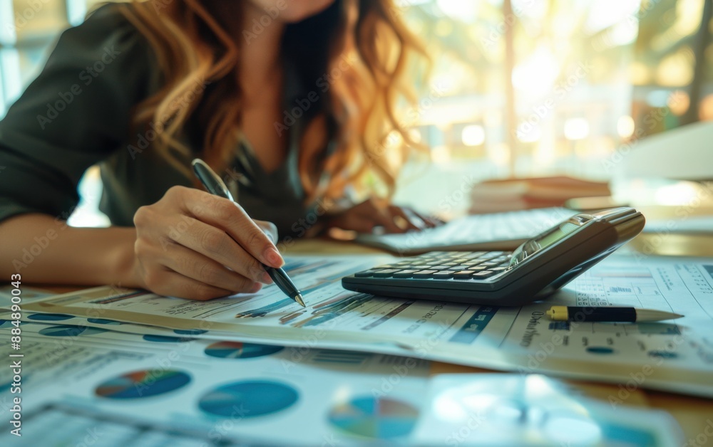 A woman is writing on a piece of paper with a pen and a calculator. She is focused on her work and she is in a serious mood. Concept of someone working on financial or business-related tasks A woman is writing on a piece of paper with a pen and a calculator. She is focused on her work and she is in a serious mood. Concept of someone working on financial or business-related tasks