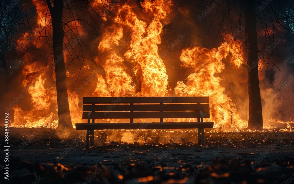 A bench is surrounded by a forest fire. The fire is so intense that it is almost impossible to see the bench. Scene is one of danger and destruction A bench is surrounded by a forest fire. The fire is so intense that it is almost impossible to see the bench. Scene is one of danger and destruction