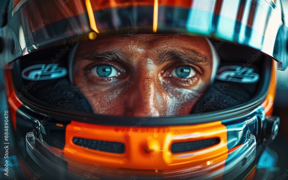 A man wearing a helmet with the letters OZ on it. He has blue eyes and a serious expression A man wearing a helmet with the letters OZ on it. He has blue eyes and a serious expression