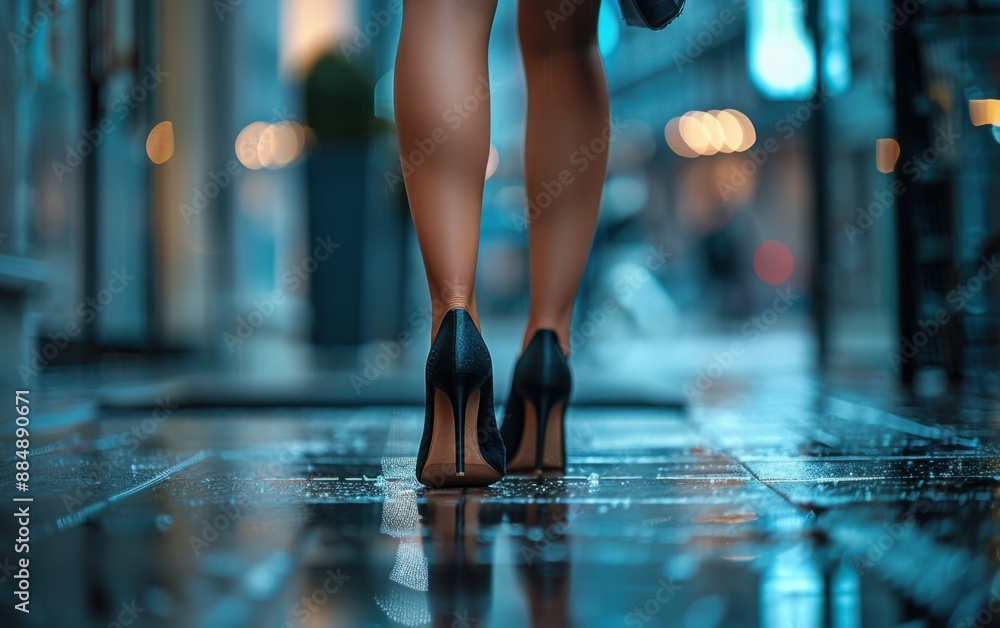 Fototapeta premium A woman wearing high heels walks down a wet street. The image has a moody and mysterious feel to it, as the wet pavement and the reflection of the lights create a sense of depth and atmosphere